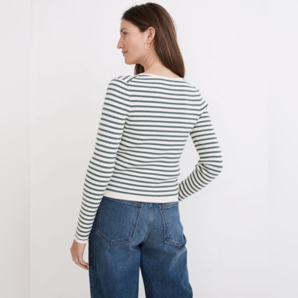 Madewell Carmon Crop Cardigan Striped Teal and Cream Sweater Women's Top - Picture 2 of 6